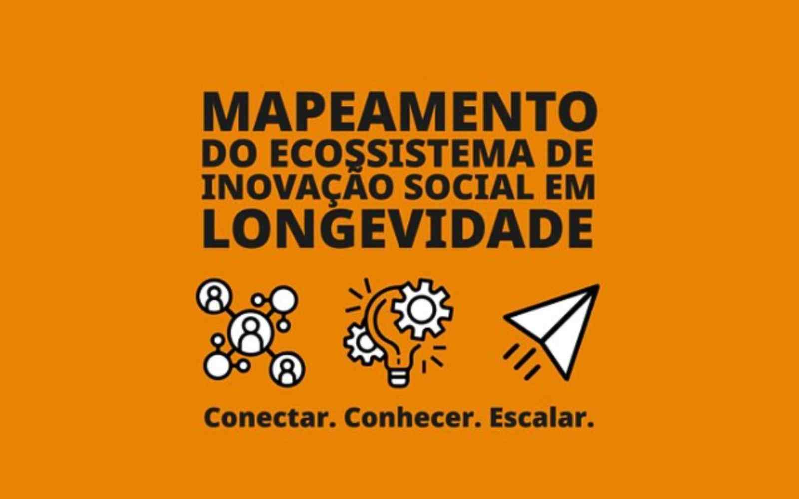 Lê-se em destaque "Mapeamento do Ecossistema de Inovação Social em Longevidade" e abaixo há ícones que representam as palavras escritas abaixo de cada um: Conectar. Conhecer. Escalar.