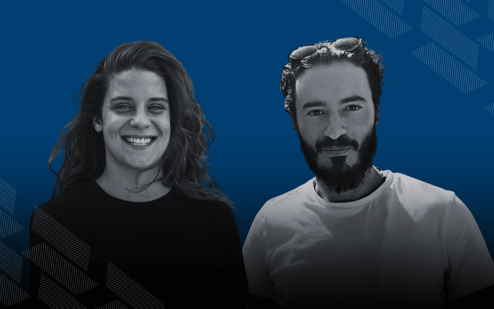 Fundo azul marinho com grafismos brancos nos cantos. Em destaque, estão as fotos em preto e branco de Maria Vitória (mulher branca de cabelos castanhos, longos e ondulados) e Yuri (homem branco de cabelo preto, barba e bigode
