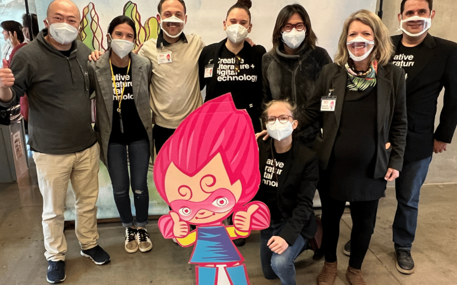 Motion Light Lab team with “The Baobab,” the main character of their first storybook for Deaf children