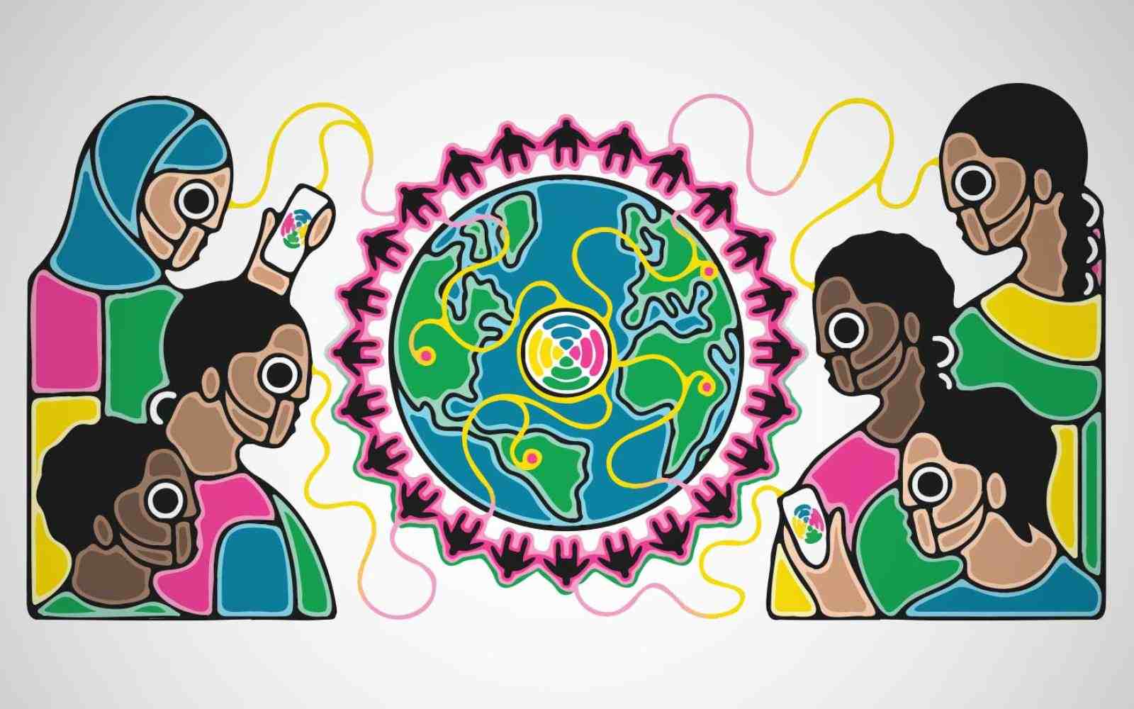 Graphic of six people around a circular object that interconnects them all digitally