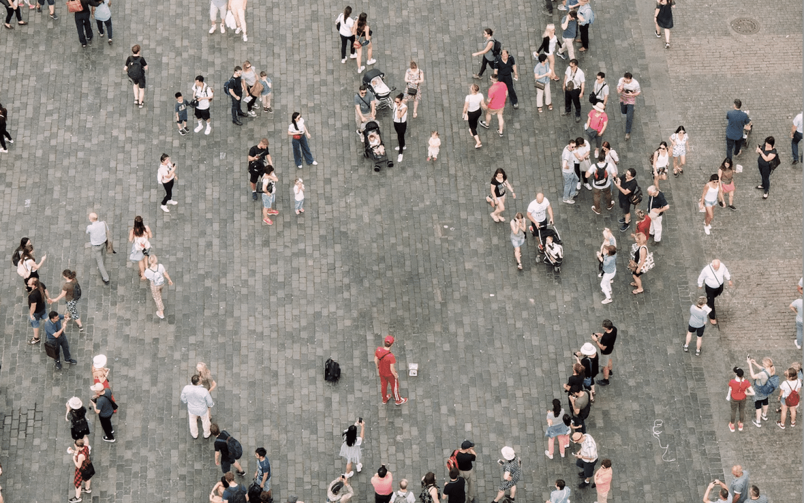 Groups of people in a plaza, shot from above.