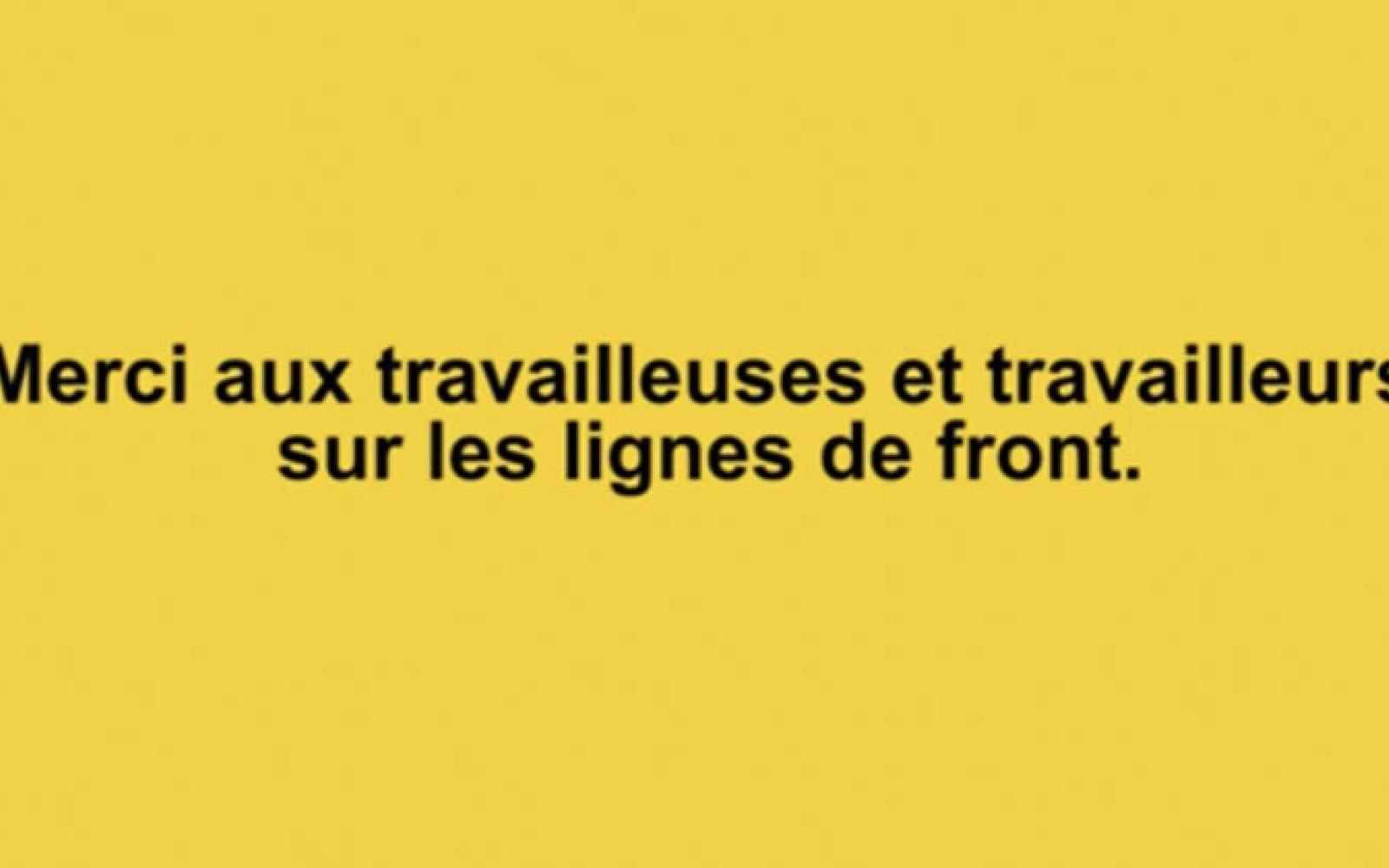 Graphic that says "Thank you to all the front line workers" in French in black text against a yellow background