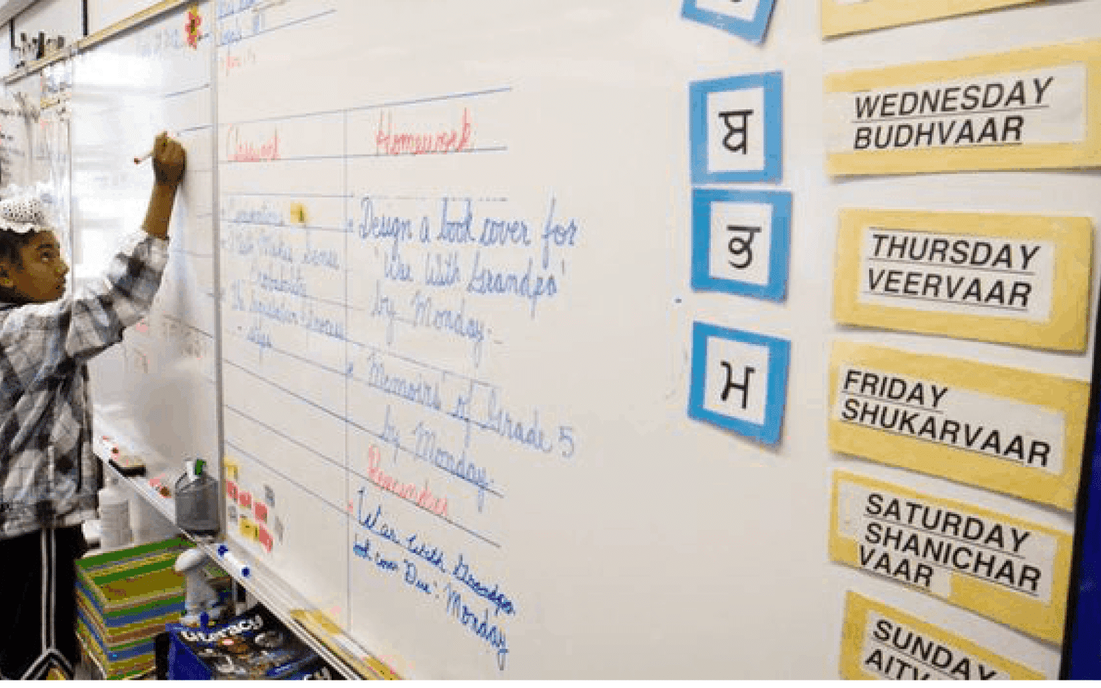 Student writing on a white board with an expo marker