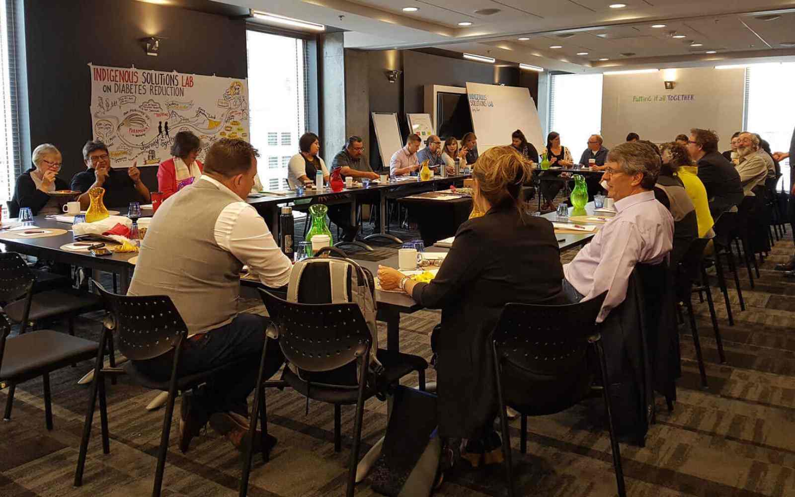 Group of people meeting fo the Indivenous Solutions Lab in a conference room