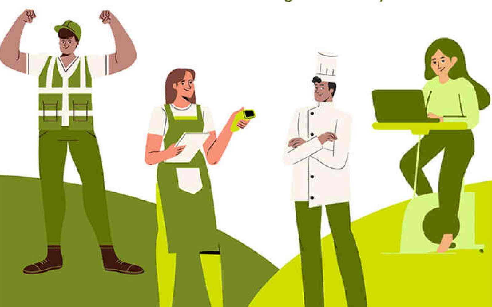 Graphic design of four youth doing different occupations