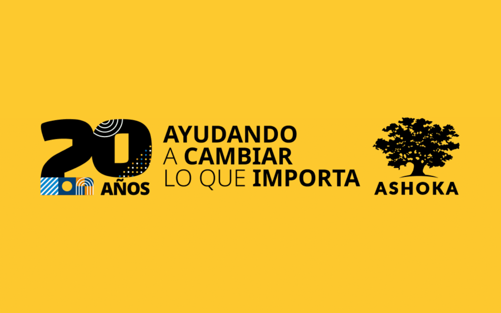 Fondo amarillo con el logo del 20 aniversario de Ashoka España