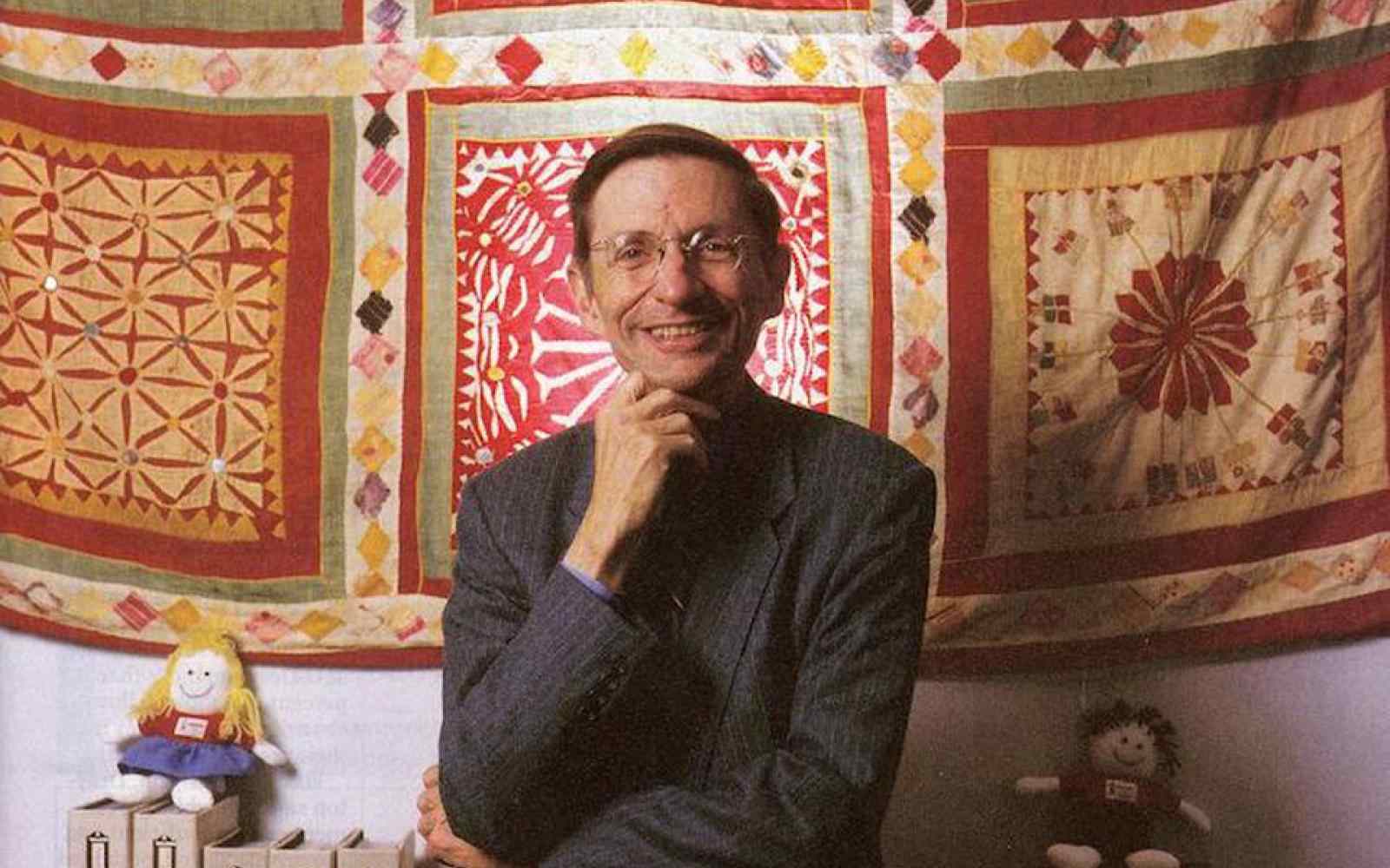 Bill Drayton in front of India textile