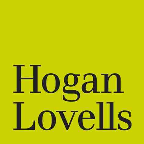 Logo of Hogan Lovells. Lime green block, with words "Hogan Lovells" in black near the bottom.