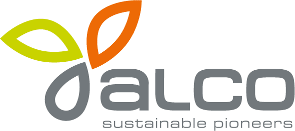 Logo for Alcodis; three small petal leaves – one in lime green, one in orange, and one in grey; next to the three petals is the word alco in lower case bold grey; underneath in smaller letters and grey "Sustainable Pioneers"