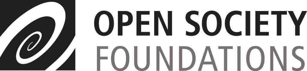 Logo for Open Society Foundations. Logo with a white swirl within a black background. Bold lettering in black to the right of the logo: Open Society; underneath bold lettering in grey: Foundations