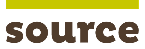 Logo for Source International, Partner of Ashoka Italy (Italia); bold lime green line, below it is the word "source" in bold dark brown letters
