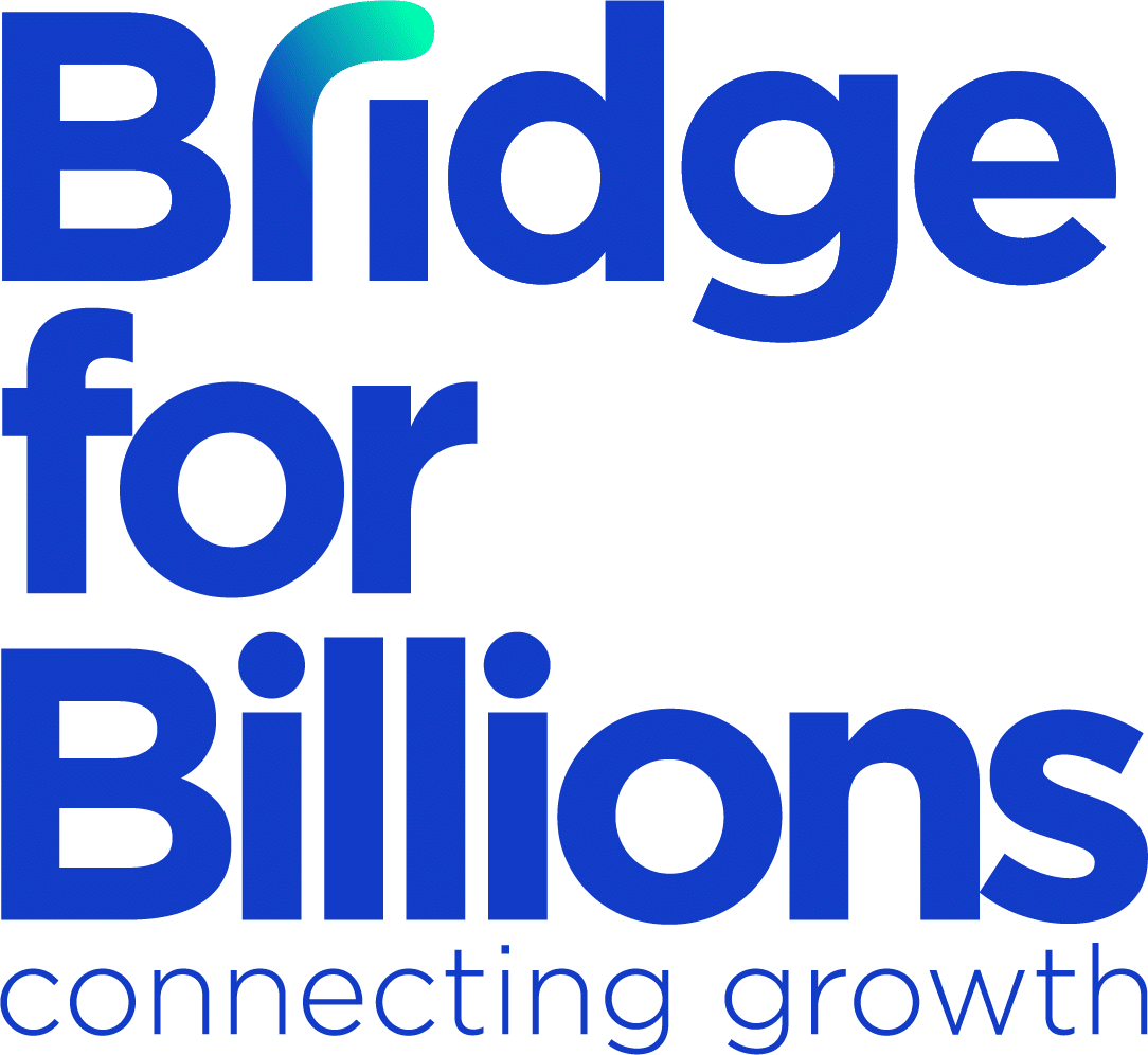 Bridge for Billions Logo, partnership for Ashoka Romania; words stacked in three lines in blue bold font: Bridge for Billions; with the r in Bridge fading from blue at the bottom of the r to light neon greon at the top of the r. Below the word "Billions" in smaller lighter blue: "connecting growth"