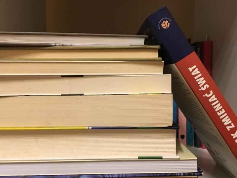 Zdjęcie przedstawia stosik książek na półce. Widać grzbiet tylko jednej z nich, o tytule "Jak zmieniać świat".