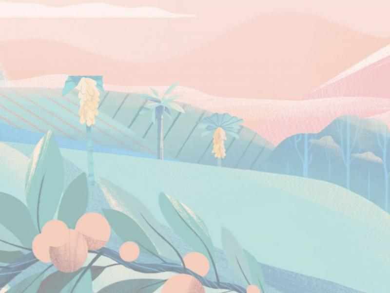 Illustration of rolling hillside and river