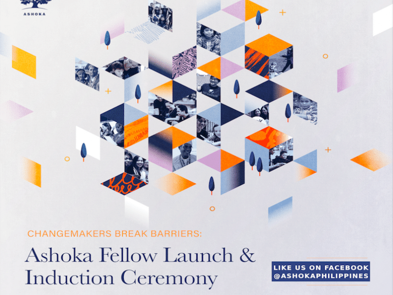 Geometric pattern featuring photos of Ashoka Fellows and their communities