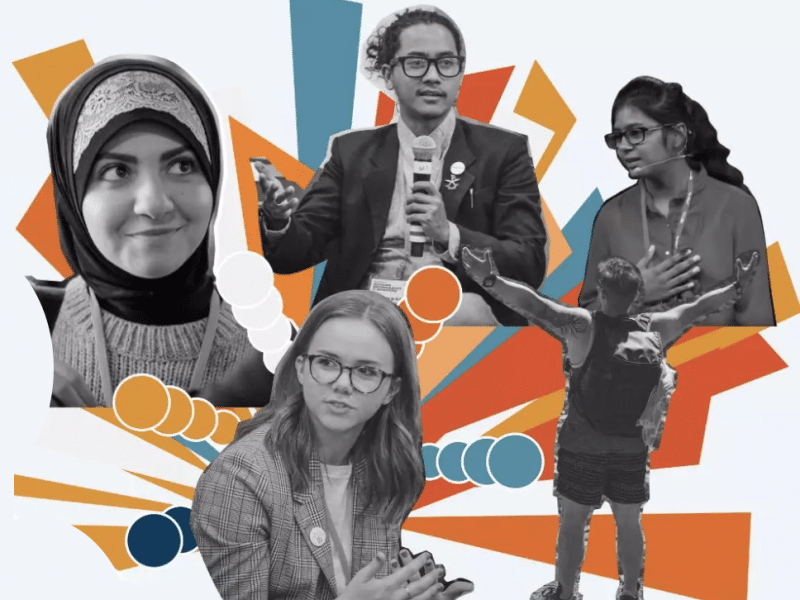 a blast of oranges and blue overlaid by five figures in black and white. Moving clockwise from the top left is a young girl wearing a hijab, an older man in a suit with glasses, a young woman with dark hair, a small boy lifting his arms up, and a young girl with glasses and a jacket. 