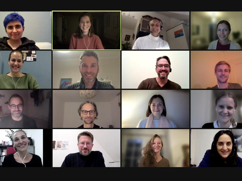 group photo of conference call from funding systems change, 20 small rectangles with people's photos