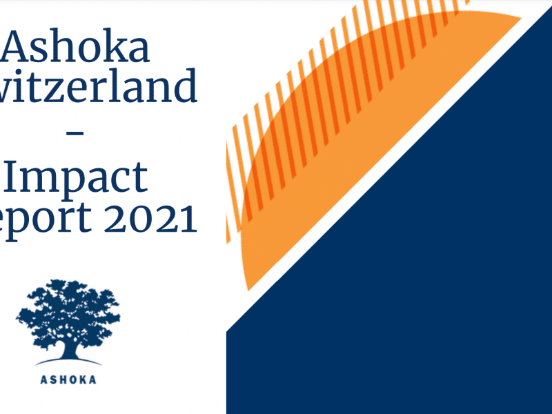 ashoka switzerland impact report 2021 cover page. left hand side is a white background with the title and blue tree ashoka logo. right side is a navy and orange graphic of a rising sun.