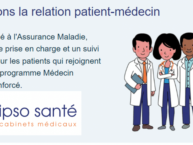 descriptif IPSO Santé et 4 personnages dessinés en médecin