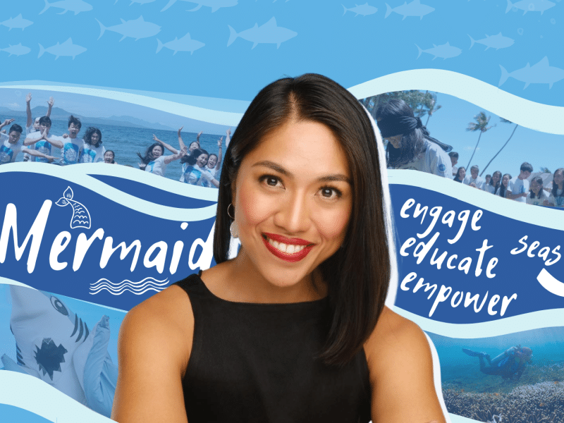 Ashoka Fellow Anna Oposa is at the center of a wave-inspired banner with photos of her marine conservation activities and the words "Chief Mermaid", "engage, educate, empower" and "seas the day" 