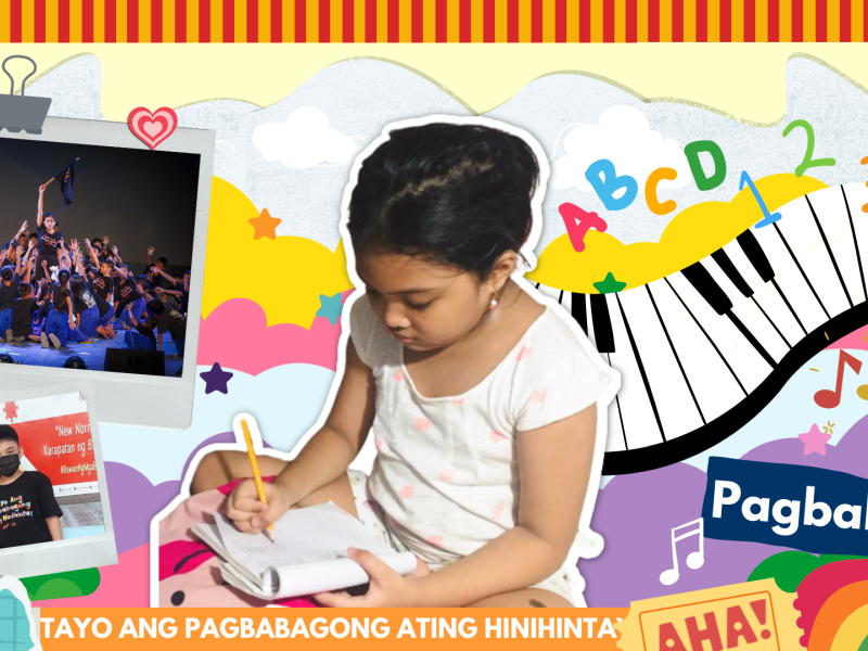 A child writes on her notebook at the center surrounded by colorful graphics like letters and music notes