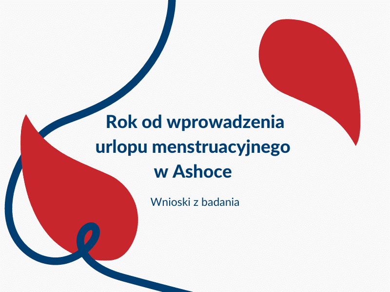 Na białym tle niebieski cytat "Rok od wprowadzenia urlopu menstruacyjnego w Ashoce. Wnioski z badania". Naokoło 2 czerwone kształty przypominające krople oraz niebieska kręta linia.