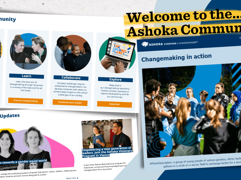Design with screenshots of the Ashoka Community website and newsletter
