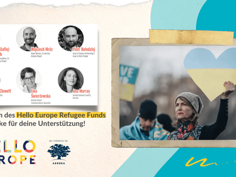 Banner featuring a woman holding up a Ukrainian flag in heart-form