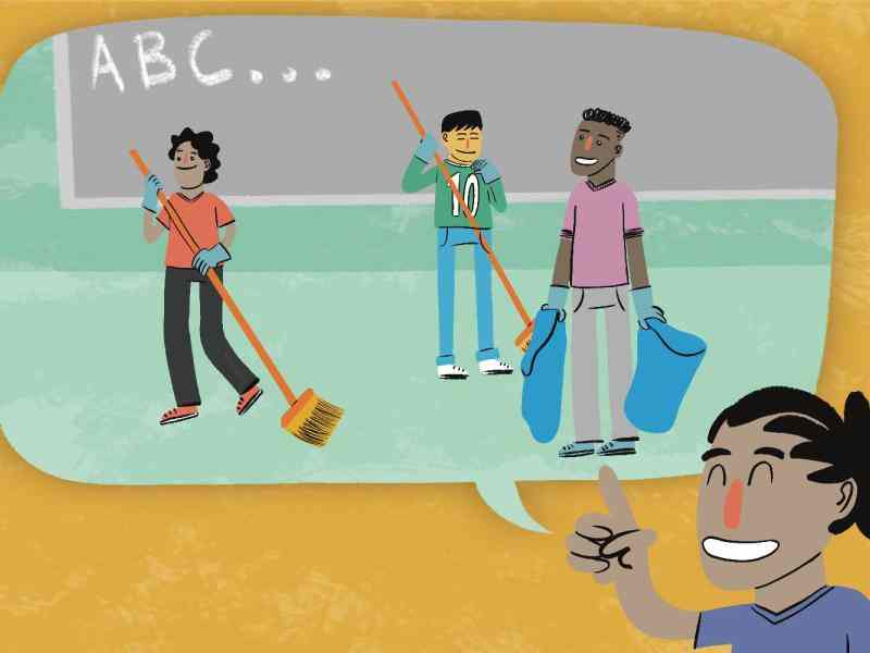 Colorful drawing of students with trash bags and brooms