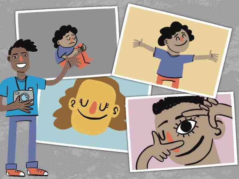 Colorful drawing of a black boy holding a camera and showing his photos