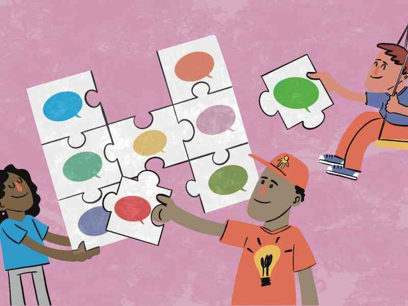Colorful drawing of kids assembling a puzzle together