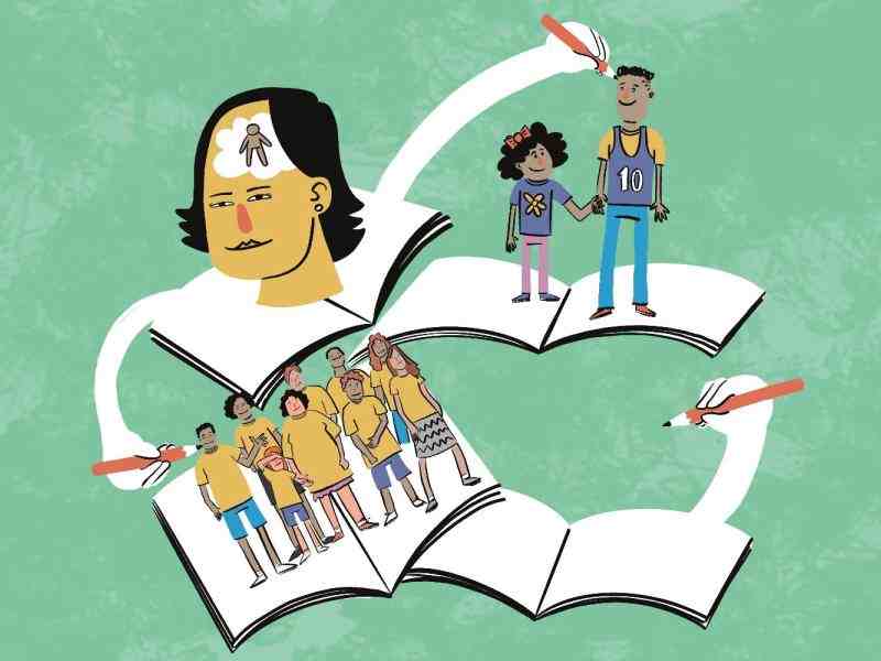 Colorful drawing of children inside books