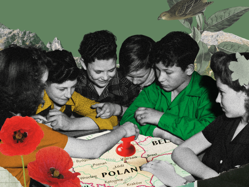 The image shows a group of children gathered around a large map of Poland. They are pointing at or touching the map, which has a red pushpin marking a location near Warsaw. Bright red poppy flowers are placed in the foreground, and the background features green leaves, a bird, and mountains, giving the scene a collage-like appearance.