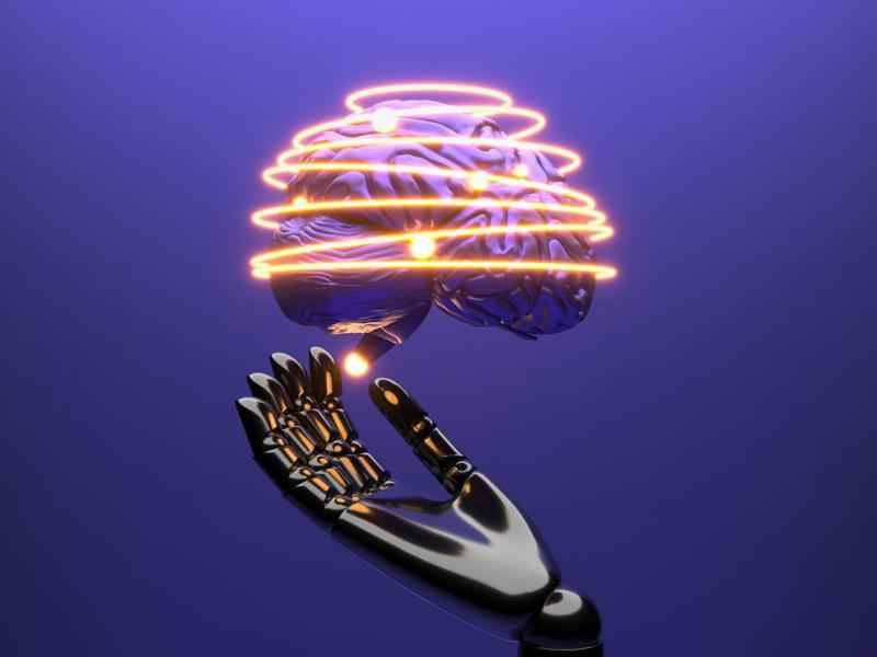 Graphic of a mechanical hand holding a brain that has an orange string light circled around it multiple times