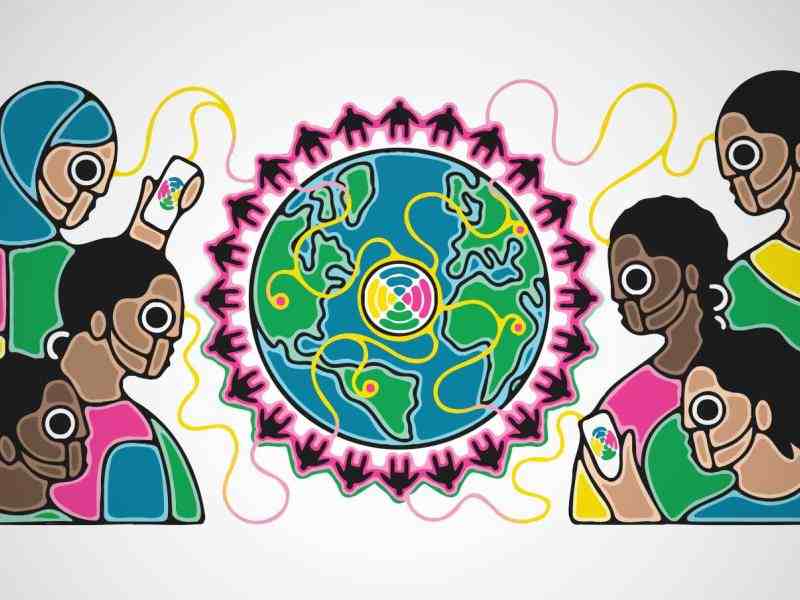 Graphic of six people around a circular object that interconnects them all digitally
