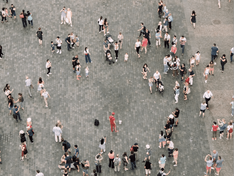 Groups of people in a plaza, shot from above.