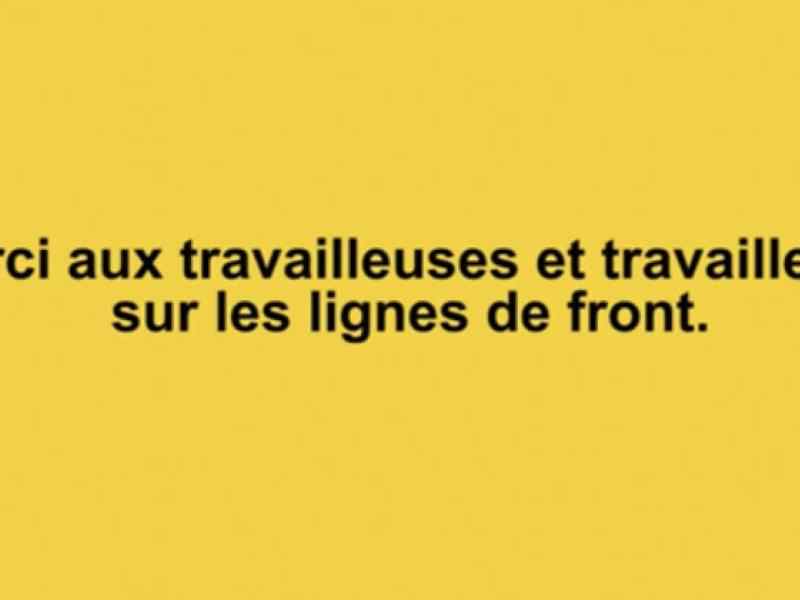 Graphic that says "Thank you to all the front line workers" in French in black text against a yellow background
