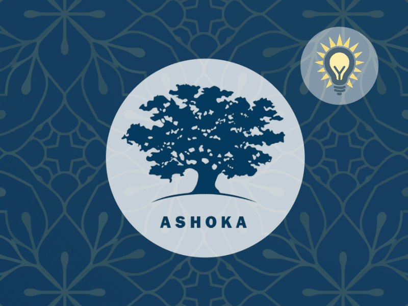 Image of Ashoka tree in blue, with light blue circle around it. Around the circle is a dark blue rectangle. Diagonally to the right of the tree is a yellow lightbulb encircled by a light blue circle.