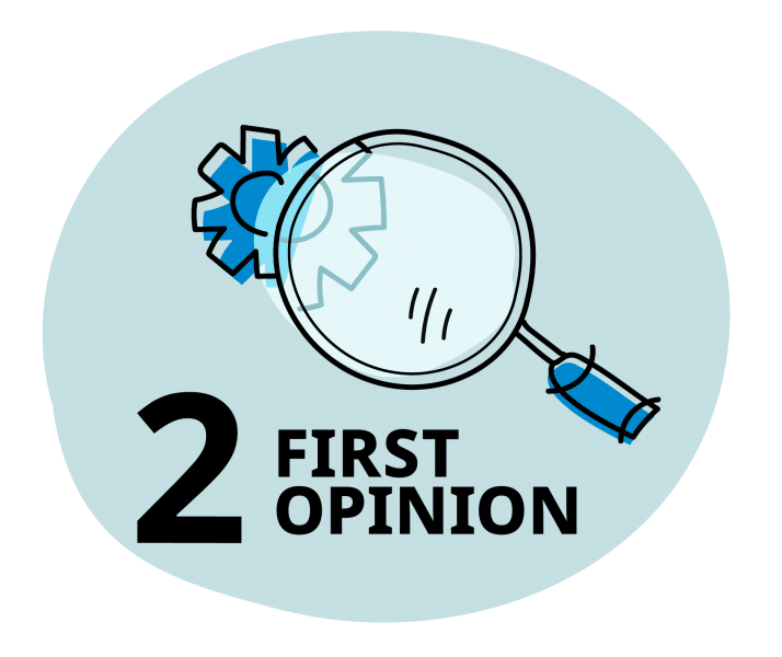 Graphic with blue background and black bold lettering: 2 first opinion 