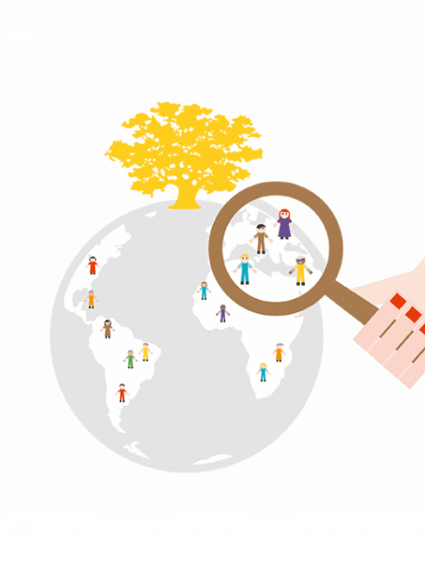 Graphic of a person holding a magnifying glass to a globe with Earth's continents on it, which is focused on three people in the European area, and all the rest of the continents have people on them as well