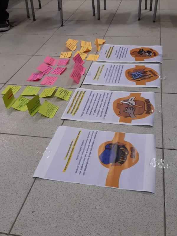 Folhas de papel coladas no chão. Abaixo, há várias notas adesivas coloridas